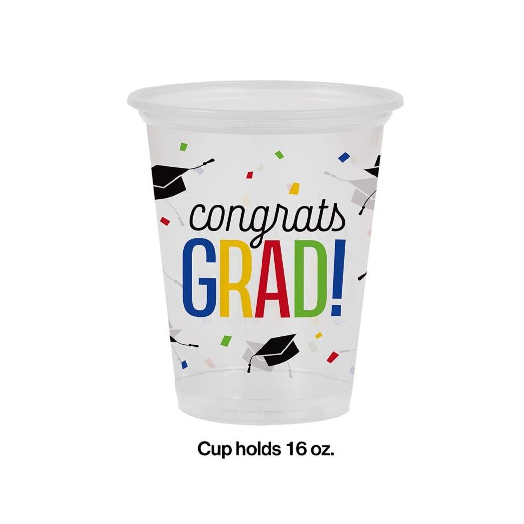 Graduation “Congrats Grad” Plastic Disposable Cups – 16 Count