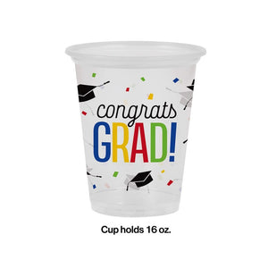 Graduation “Congrats Grad” Plastic Disposable Cups – 16 Count