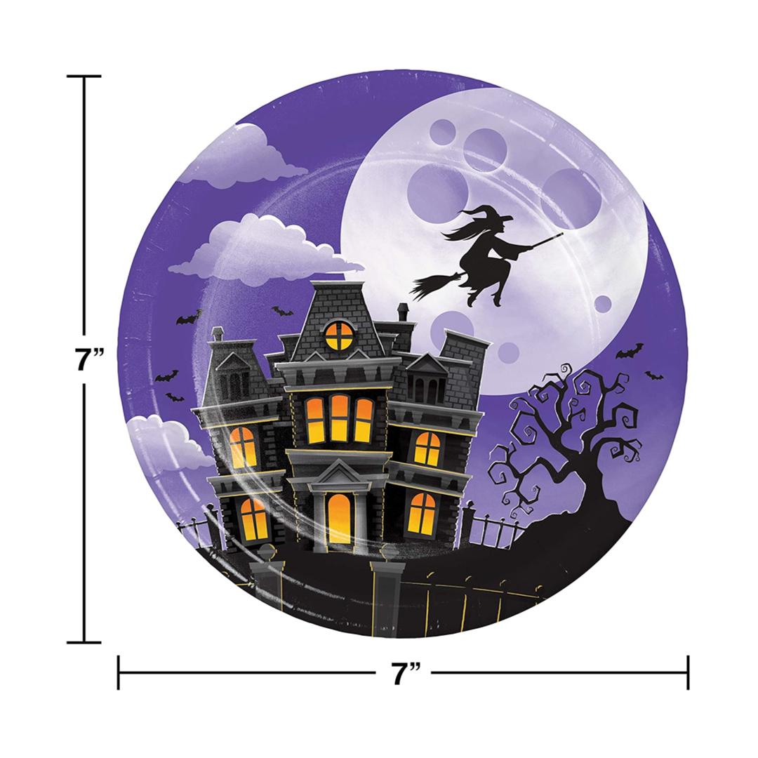 Halloween Haunted Mansion Themed Bundle with Paper Plates and Napkins for 16 Guests Plus a Purple Table Cover