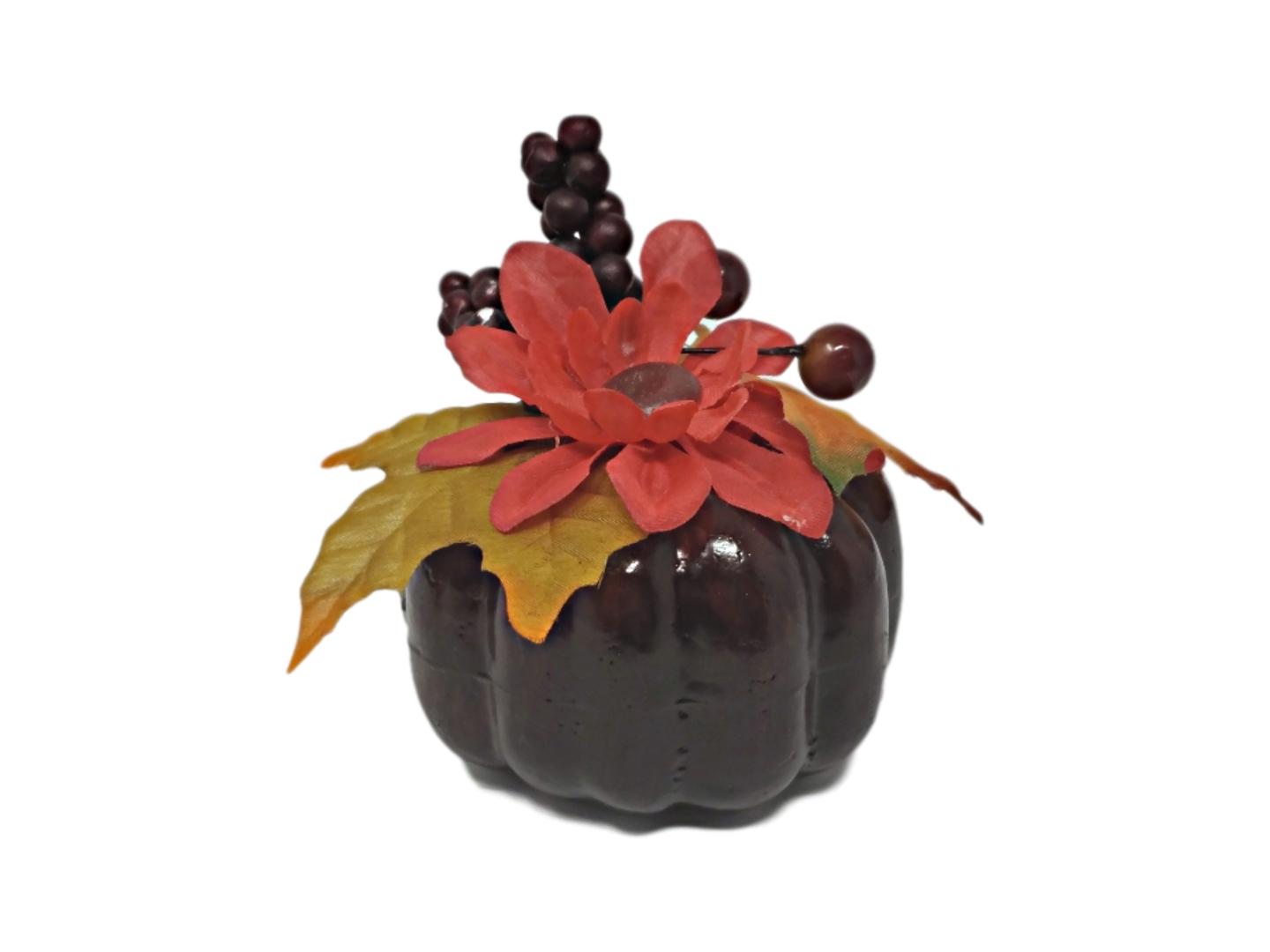 Give Thanks Pumpkin with Fall Flowers 5” Decor