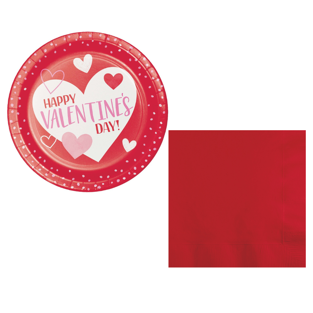 Valentine’s Day Hearts Paper Red Napkins and Dessert Plates Combo