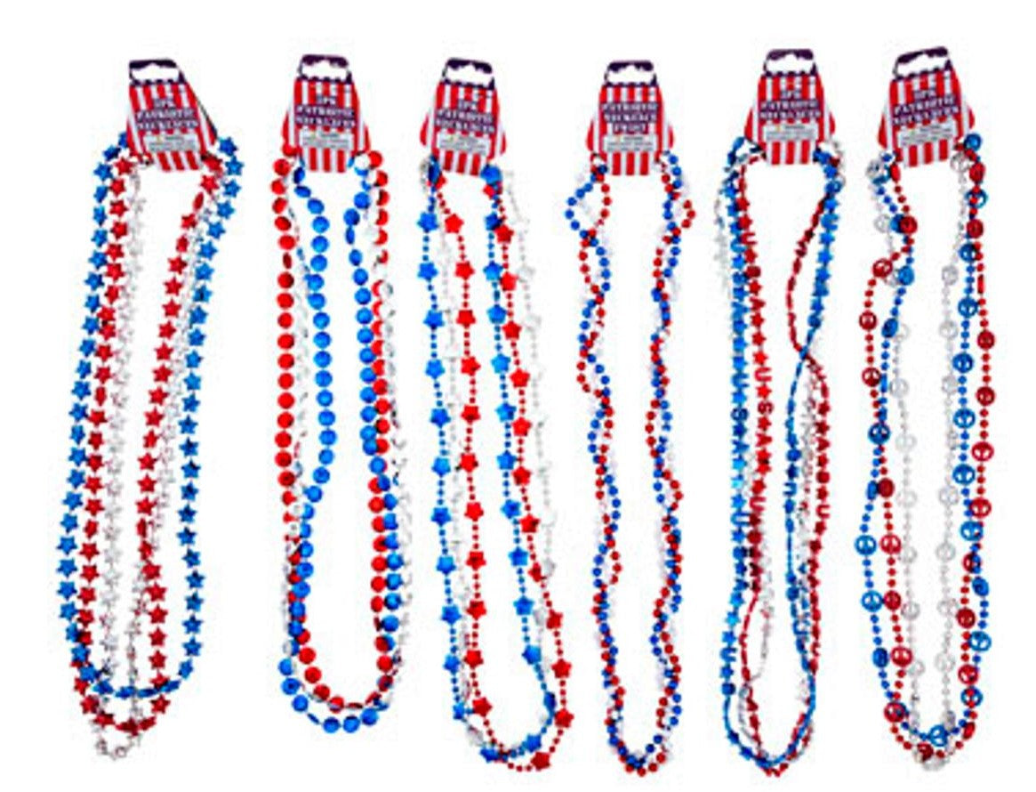 Patriotic Red, White and Blue Necklace Beads 6 assorted Styles – 18 Count