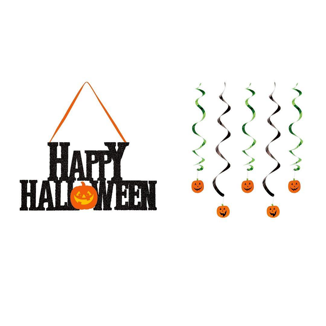 Happy Halloween Sign and Pumpkin Faces Dizzy Danglers Combo Decoration