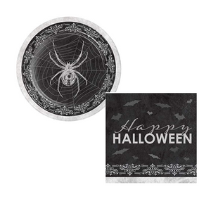 Halloween Spider and Skull Themed Bundle with Dessert Plates and Napkins for 16 Guests