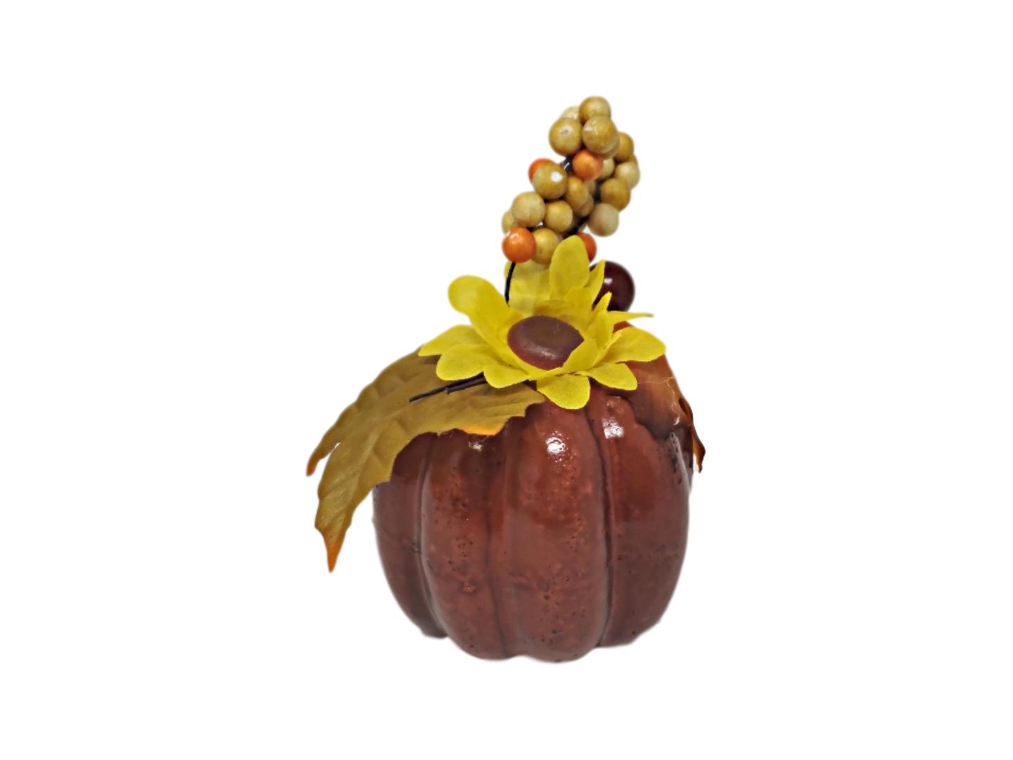 Give Thanks Pumpkin with Fall Flowers 5” Decor