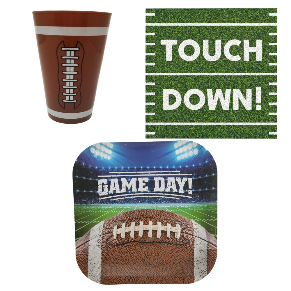 Football Party Supplies: Bundle includes Dessert Plates, Napkins and Cups for 8 Guests