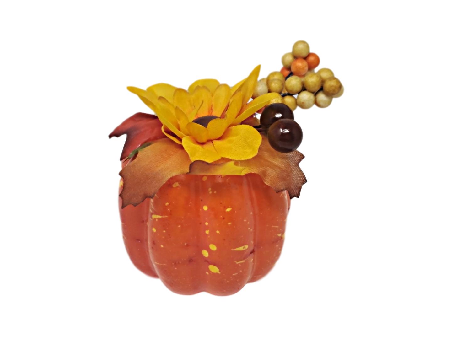 Give Thanks Pumpkin with Fall Flowers 5” Decor