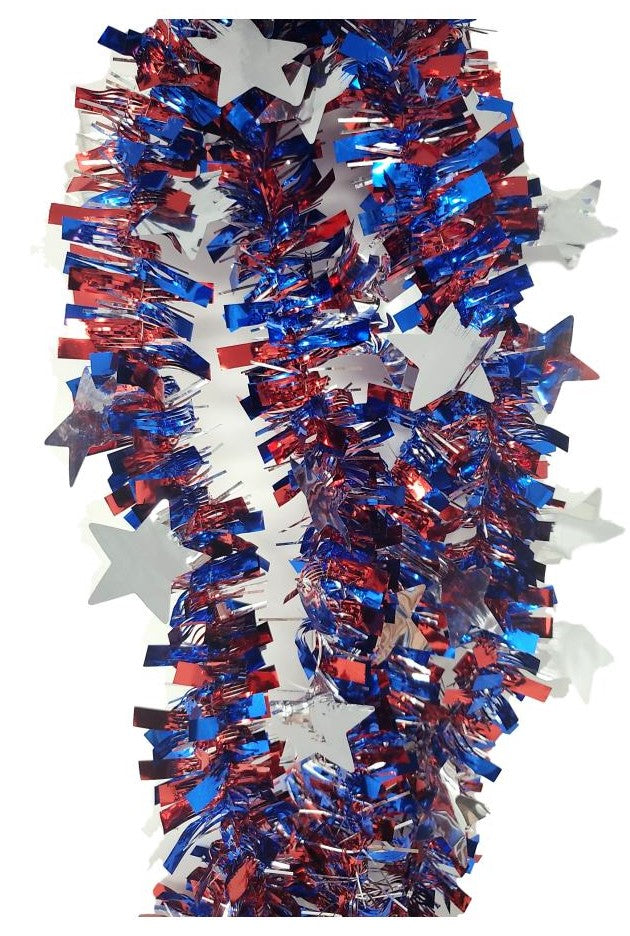 Patriotic Tinsel Skinny Red, White, and Blue Garland with Stars