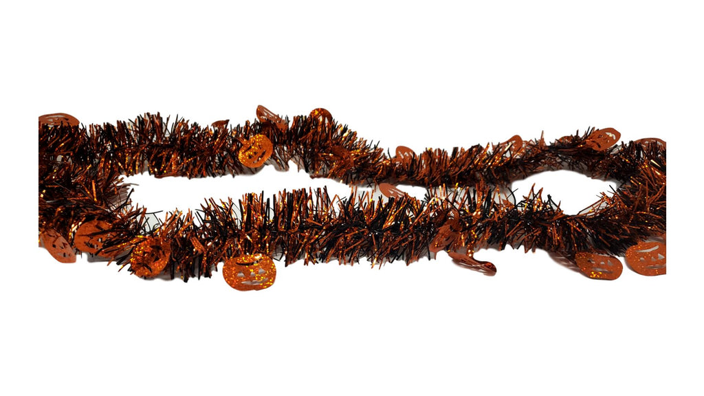 Halloween Tinsel Skinny Black and Orange Garland with Orange Pumpkins 9 Feet Long – 2 Pack