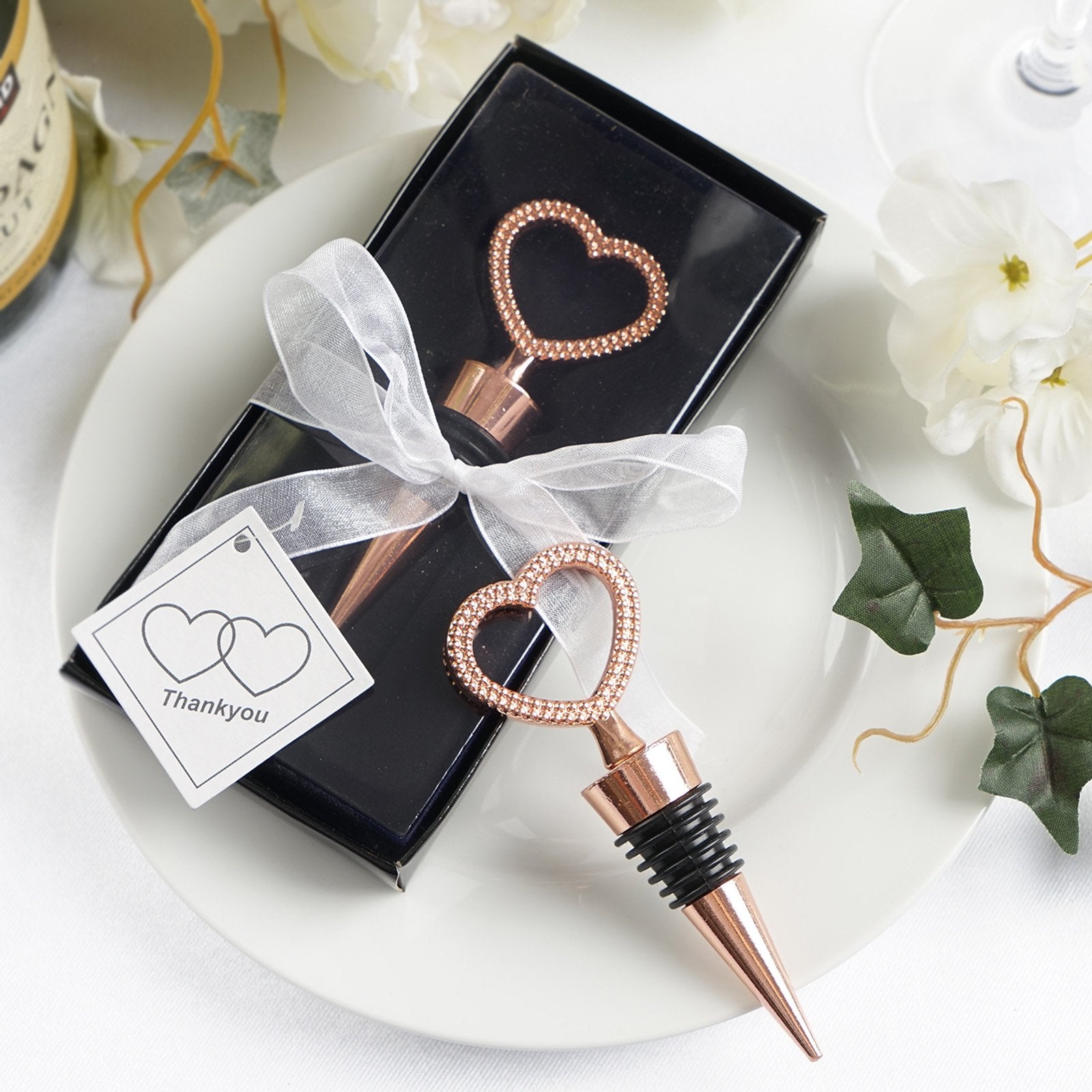 Rose Gold Metal Heart-Shaped Wine Bottle Stopper Wedding Favor with Velvet Gift Box - 1 Piece