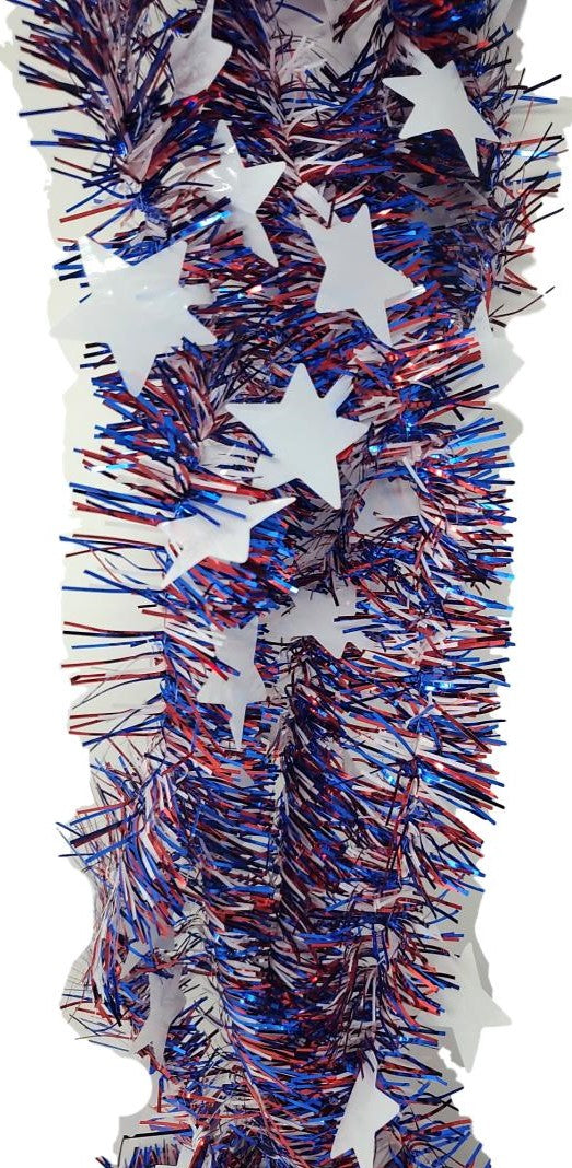 Patriotic Tinsel Skinny Red, White, and Blue Garland with Stars