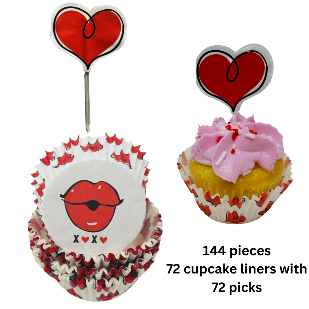 White and Red Valentine’s Day Baking Supplies Cupcake Kit with Heart Picks