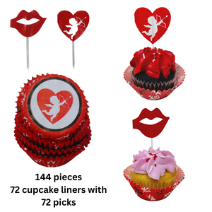 Red and White Valentine’s Day Baking Supplies Cupcake Kit with Cupid and Lips Picks