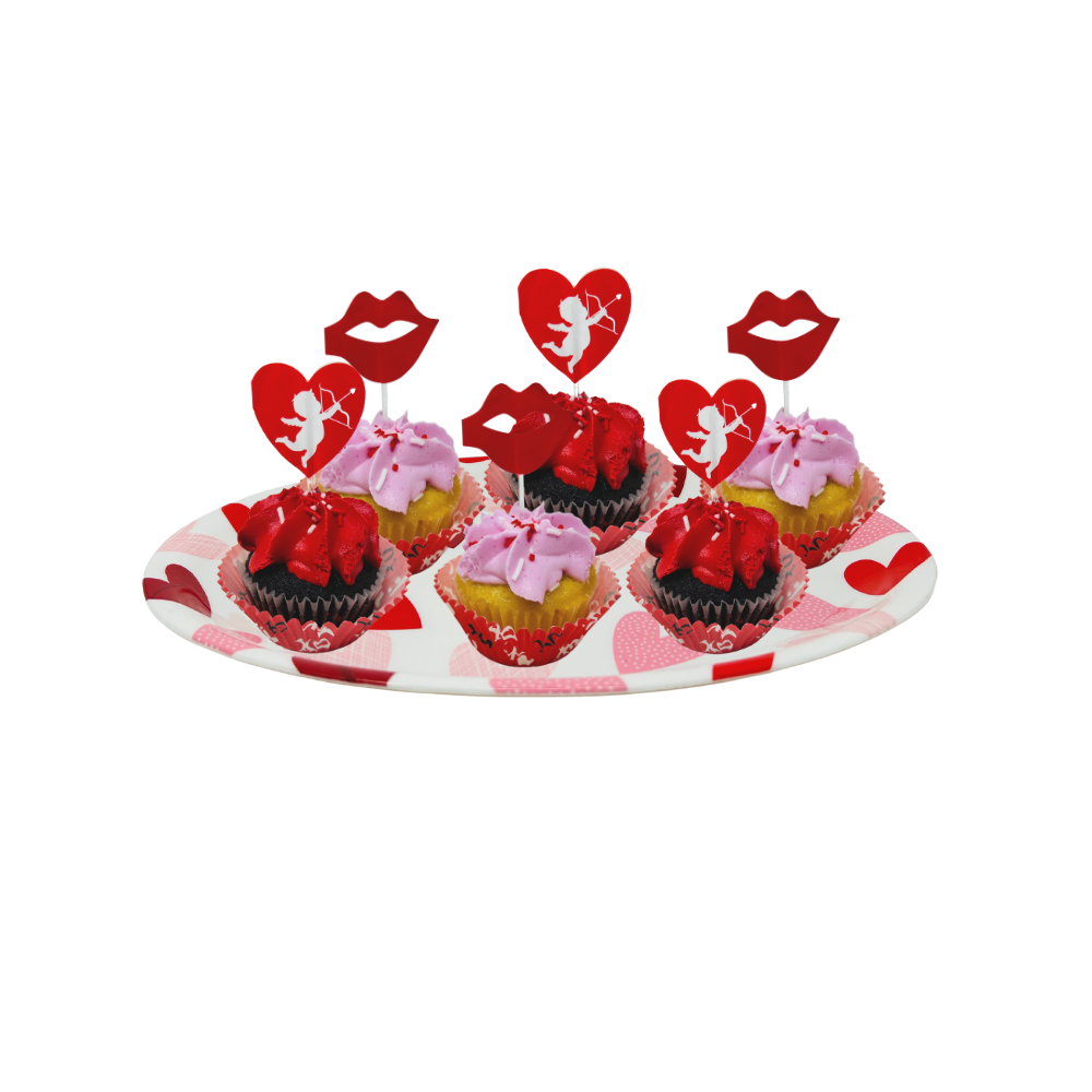 Red and White Valentine’s Day Baking Supplies Cupcake Kit with Cupid and Lips Picks