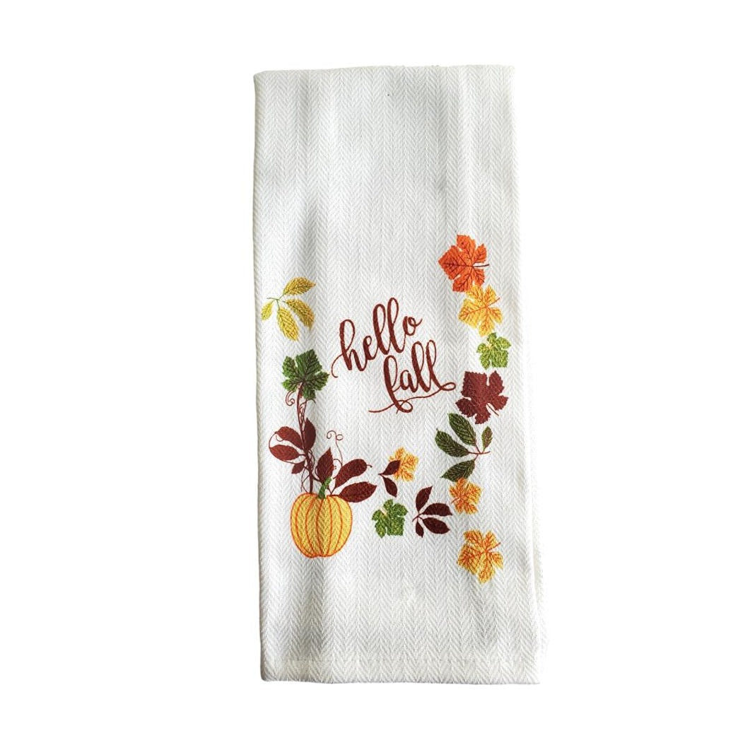 Harvest Autumn Design Woven Kitchen Towels “Hello Fall” - 2 Pack