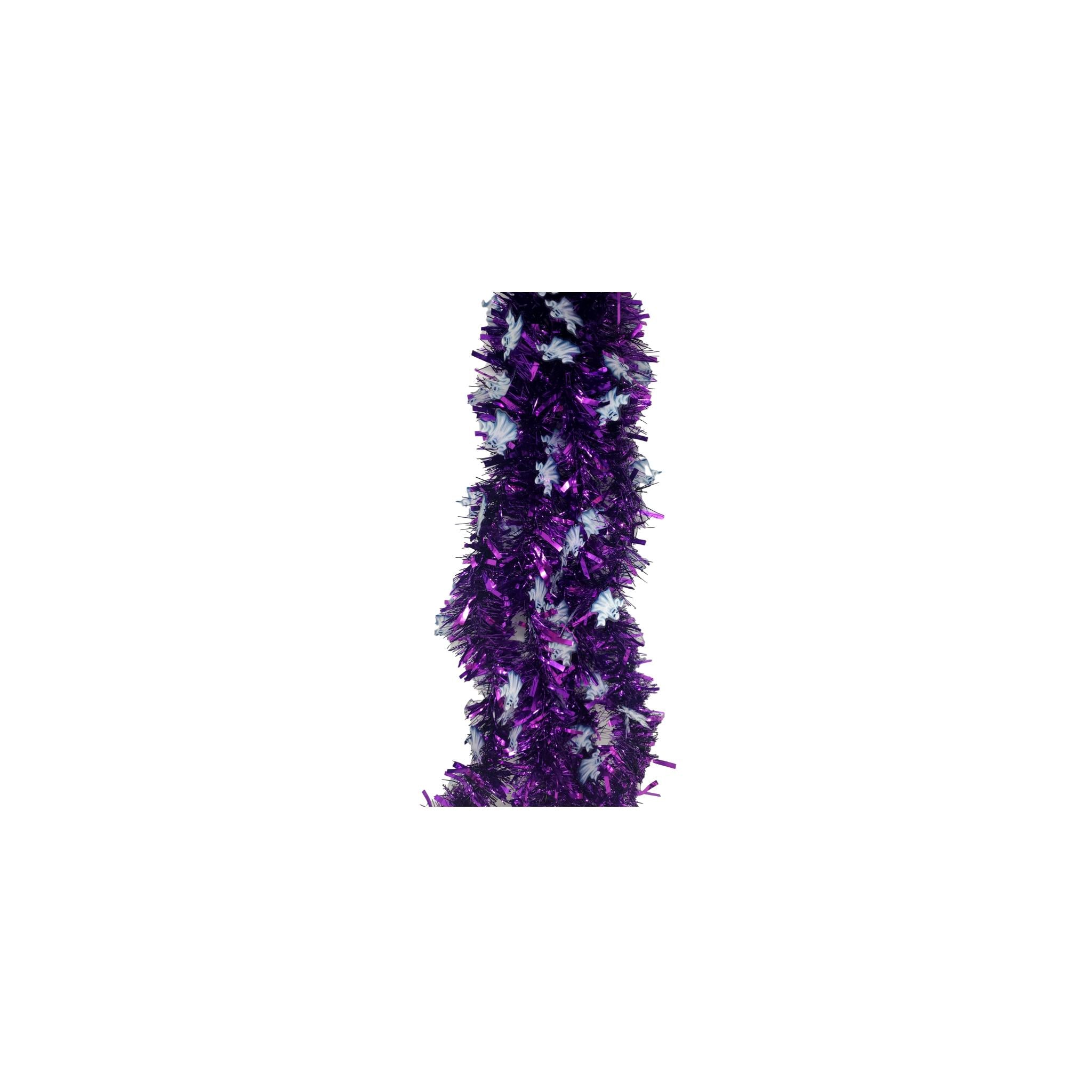 Halloween Tinsel Skinny Purple Garland with White Ghosts 9 Feet Long – 2 Pack