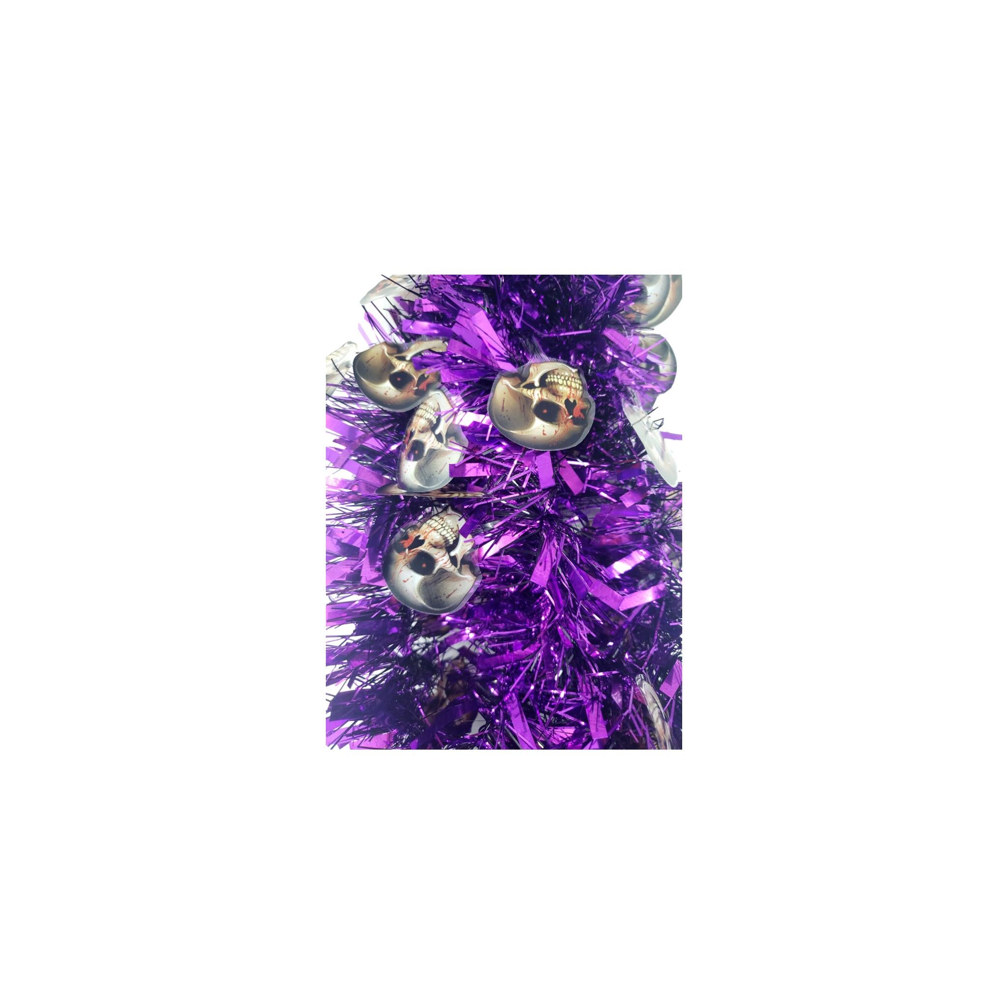Halloween Tinsel Skinny Purple Garland with Skulls 9 Feet Long – 2 Pack