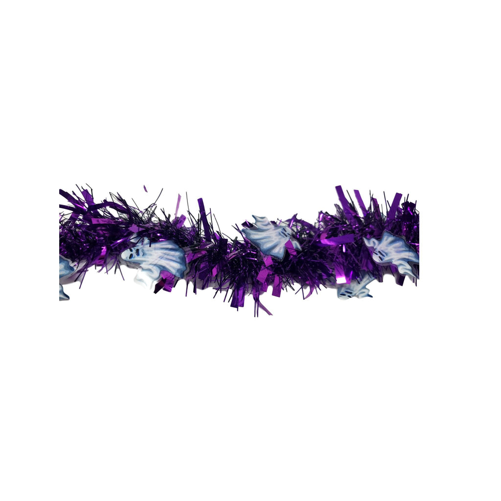 Halloween Tinsel Skinny Purple Garland with White Ghosts 9 Feet Long – 2 Pack