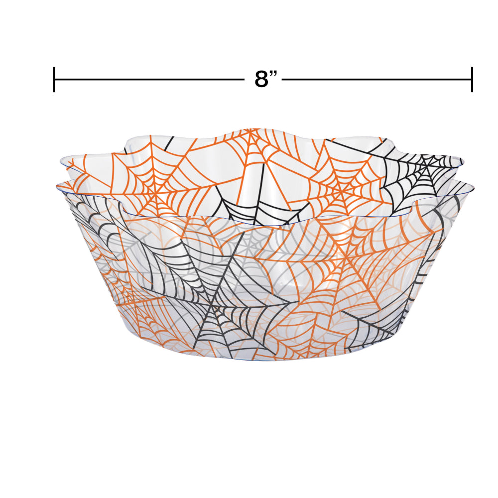 Halloween Orange and Black Spider Webs Plastic Fluted Serving Bowl – 1 Piece