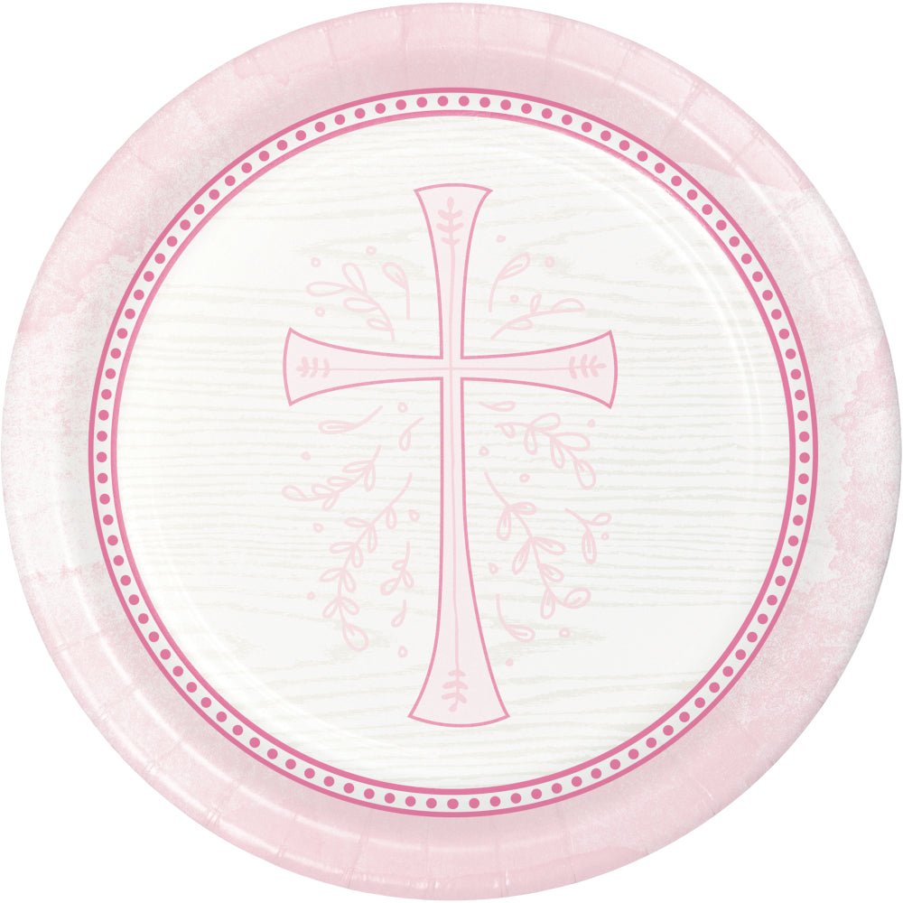 Religious Pink Cross 7” Dessert Paper Disposable Plates – 8 Count