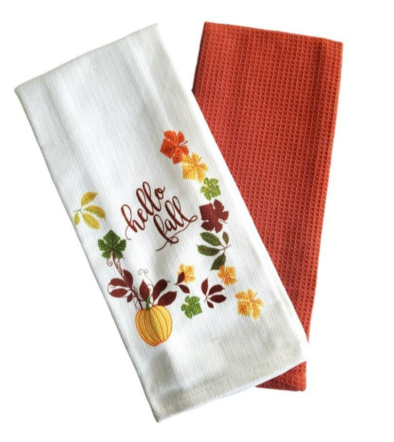 Harvest Autumn Design Woven Kitchen Towels “Hello Fall” - 2 Pack
