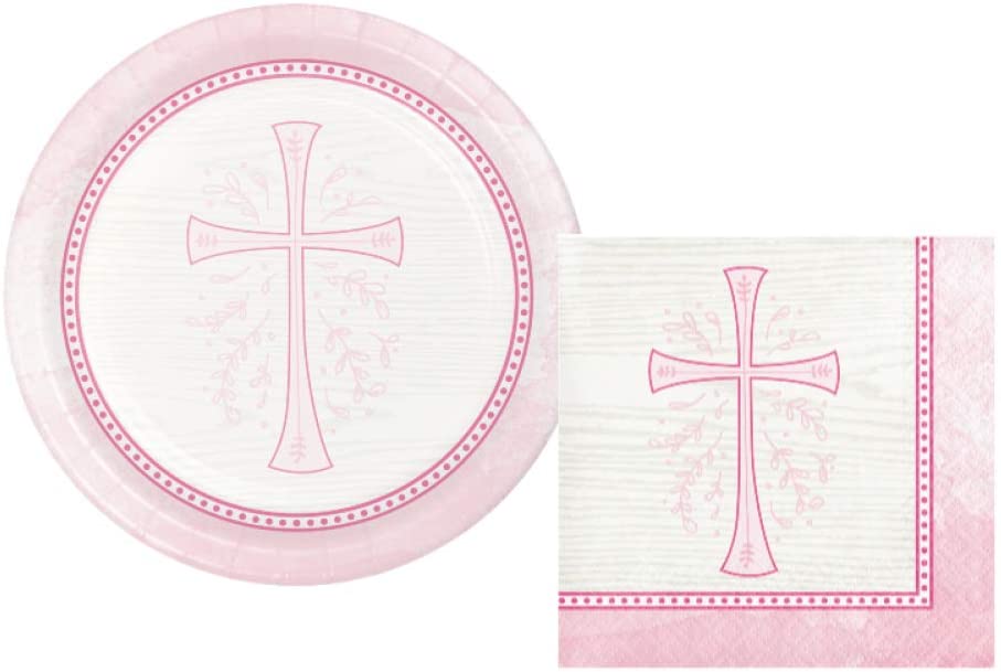 Religious Party Supplies for 16 Guests with Dessert Plates and Napkins in a Divinity Pink Cross Design