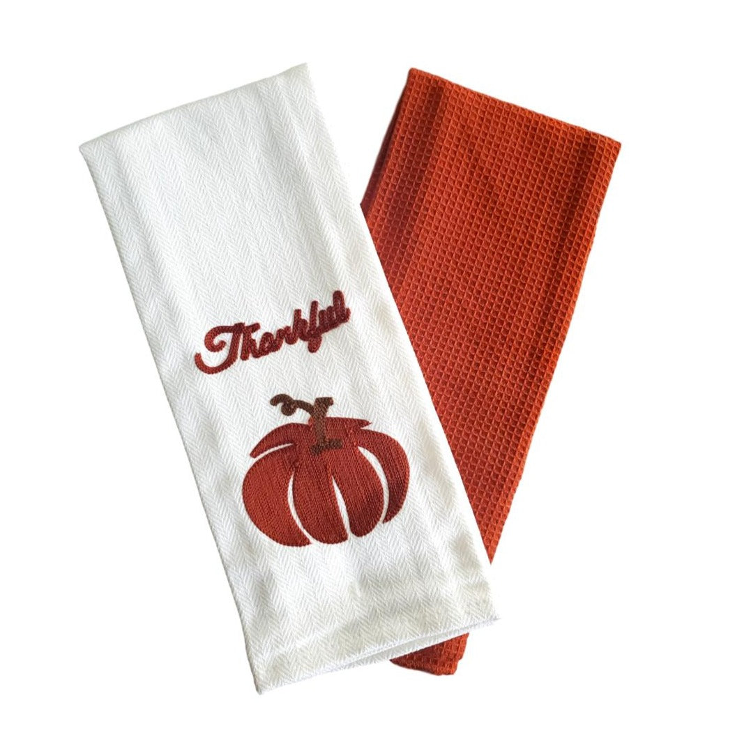 Harvest Fall Design Woven Kitchen Towels “Thankful” - 2 Pack