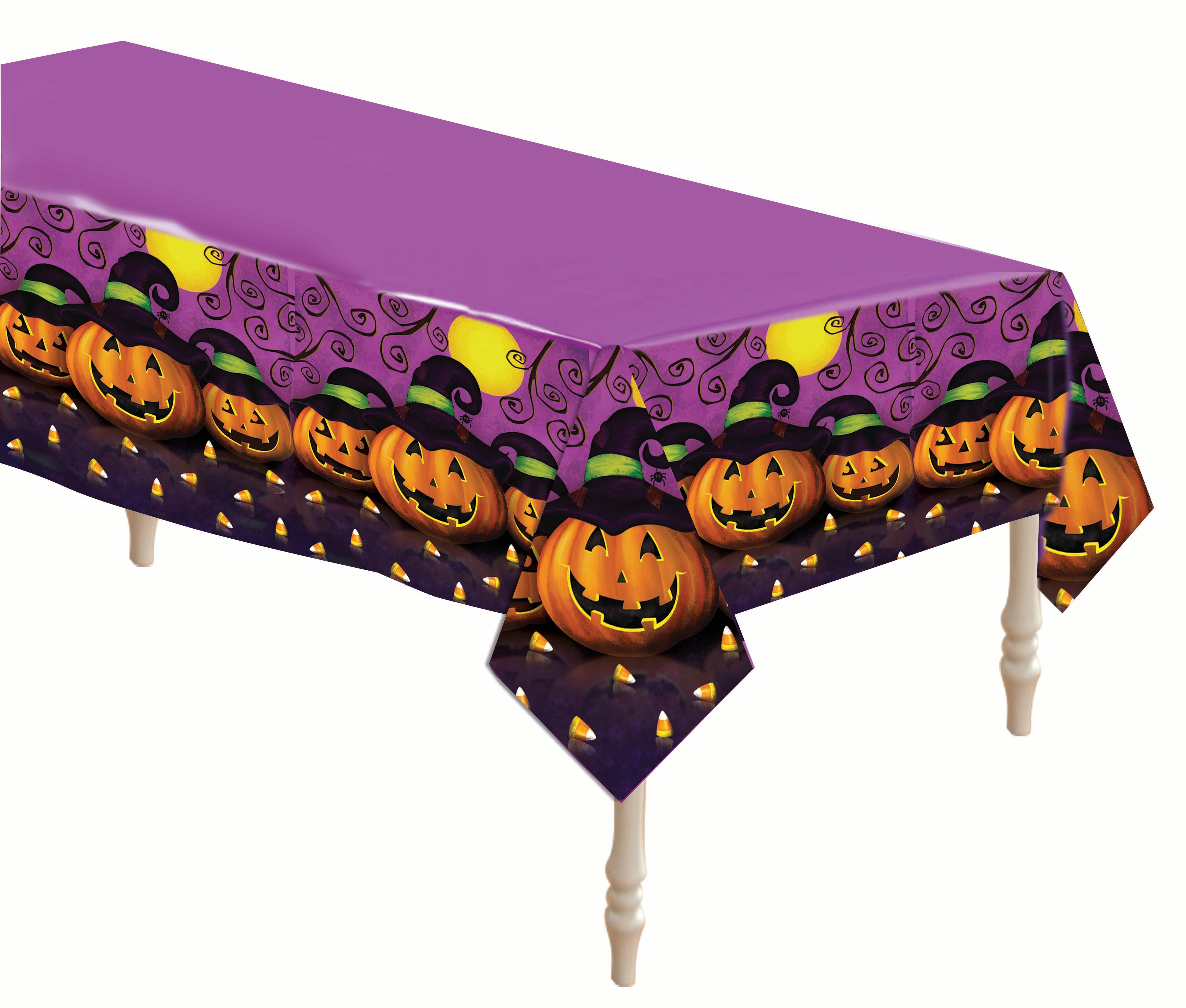 Pumpkins and Candy Corn Halloween Plastic Table Cover 54” x 108”