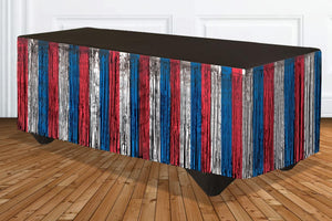 Patriotic Red, Silver and Blue Tinsel Fringe Table Skirt – 1 Piece