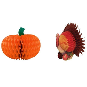 Harvest Happy Thanksgiving 6” Pumpkin and Turkey Honeycomb Centerpiece – 2 Pieces