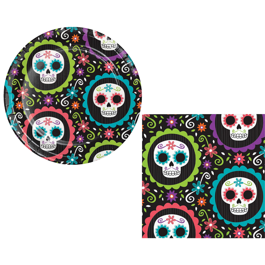 Halloween Day of the Dead Themed Bundle with Dessert Plates and Napkins for 16 Guests