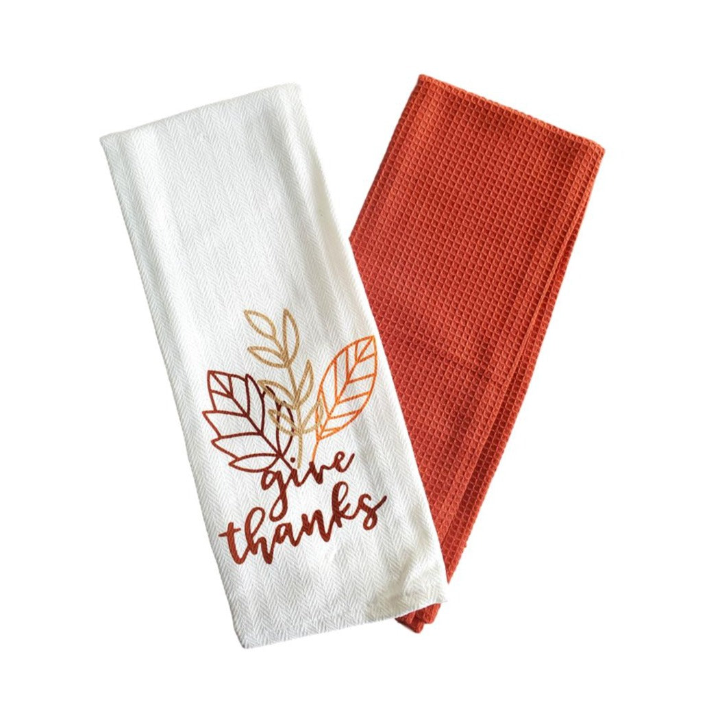 Harvest Fall Design Woven Kitchen Towels “Give Thanks” - 2 Pack