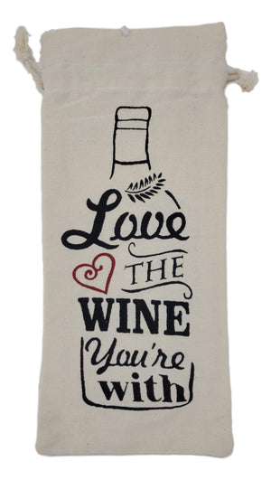 Cotton Canvas Wine Gift Bags “Love the Wine You’re With” – Set of 2