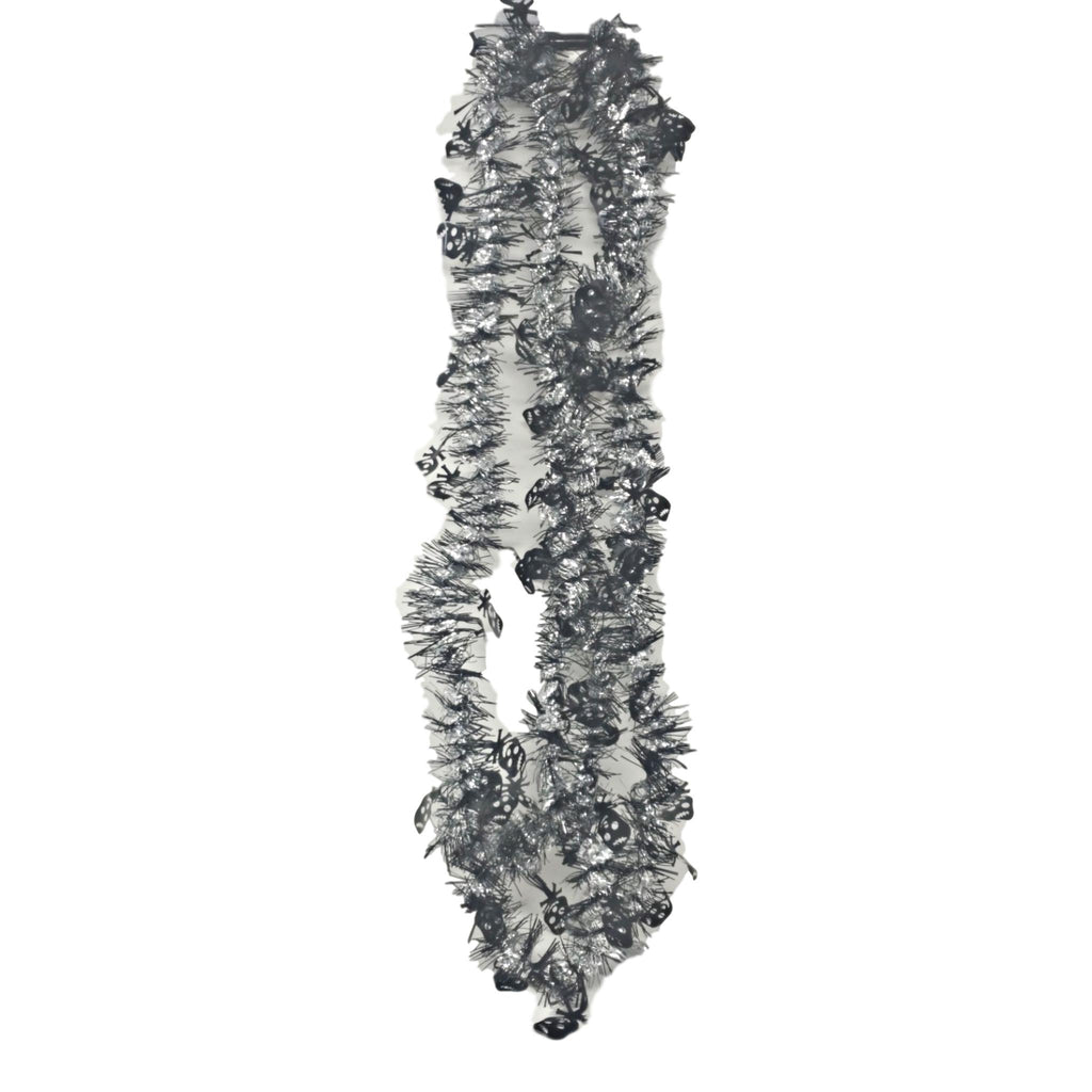 Tinsel Skinny Black and Silver Garlands with Black Skulls 9 Feet Long – 2 Pack