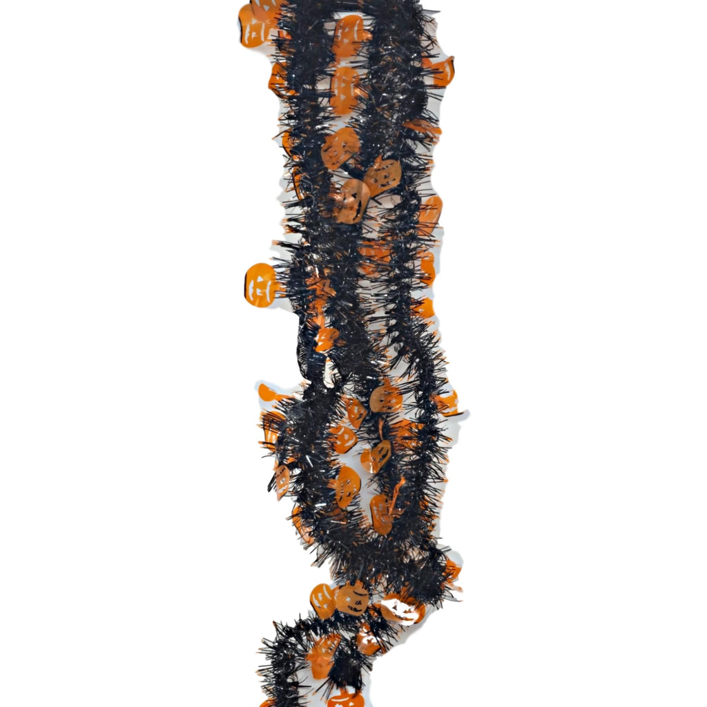 Tinsel Skinny Black Garlands with Orange Pumpkins 9 Feet Long – 2 Pack