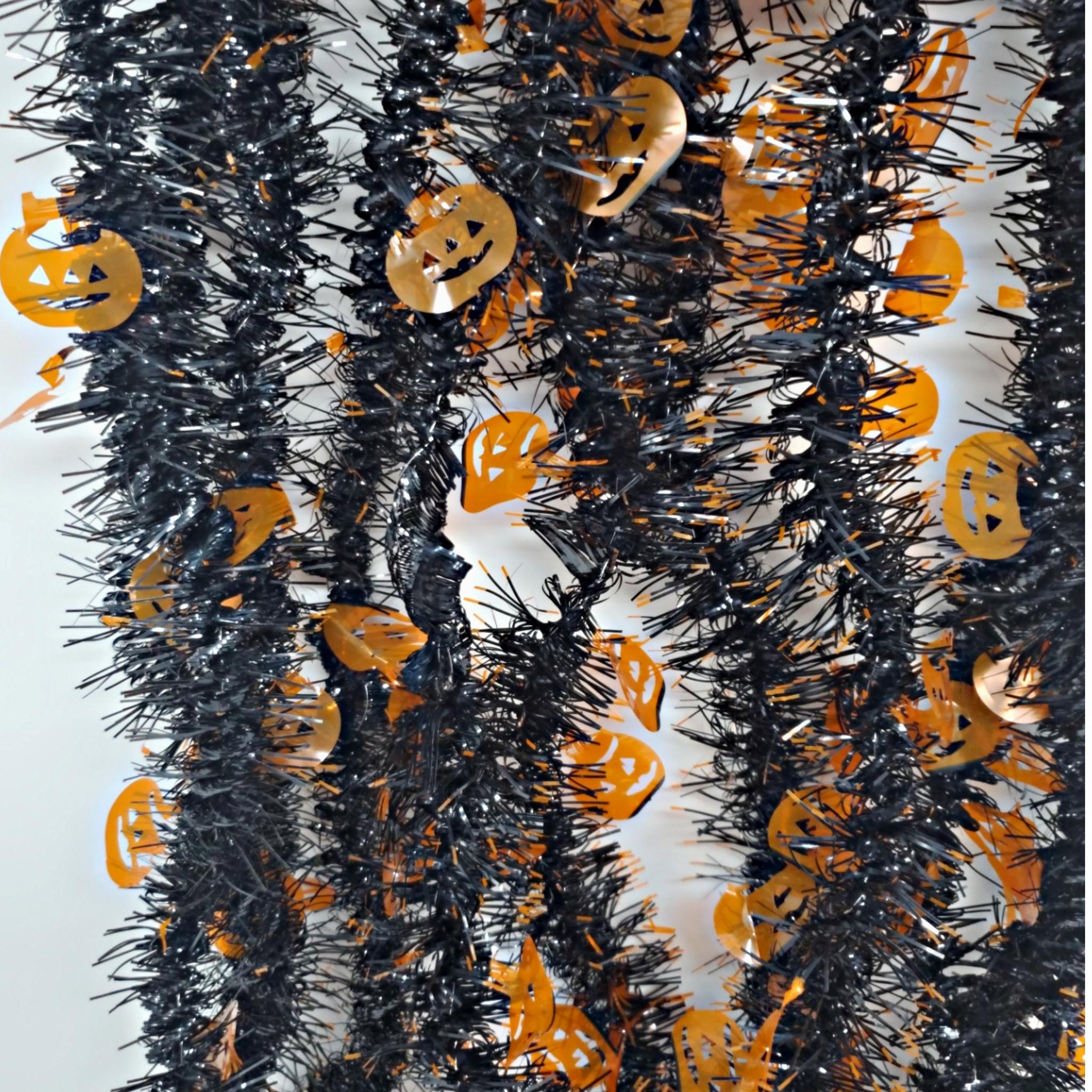 Tinsel Skinny Black Garlands with Orange Pumpkins 9 Feet Long – 2 Pack