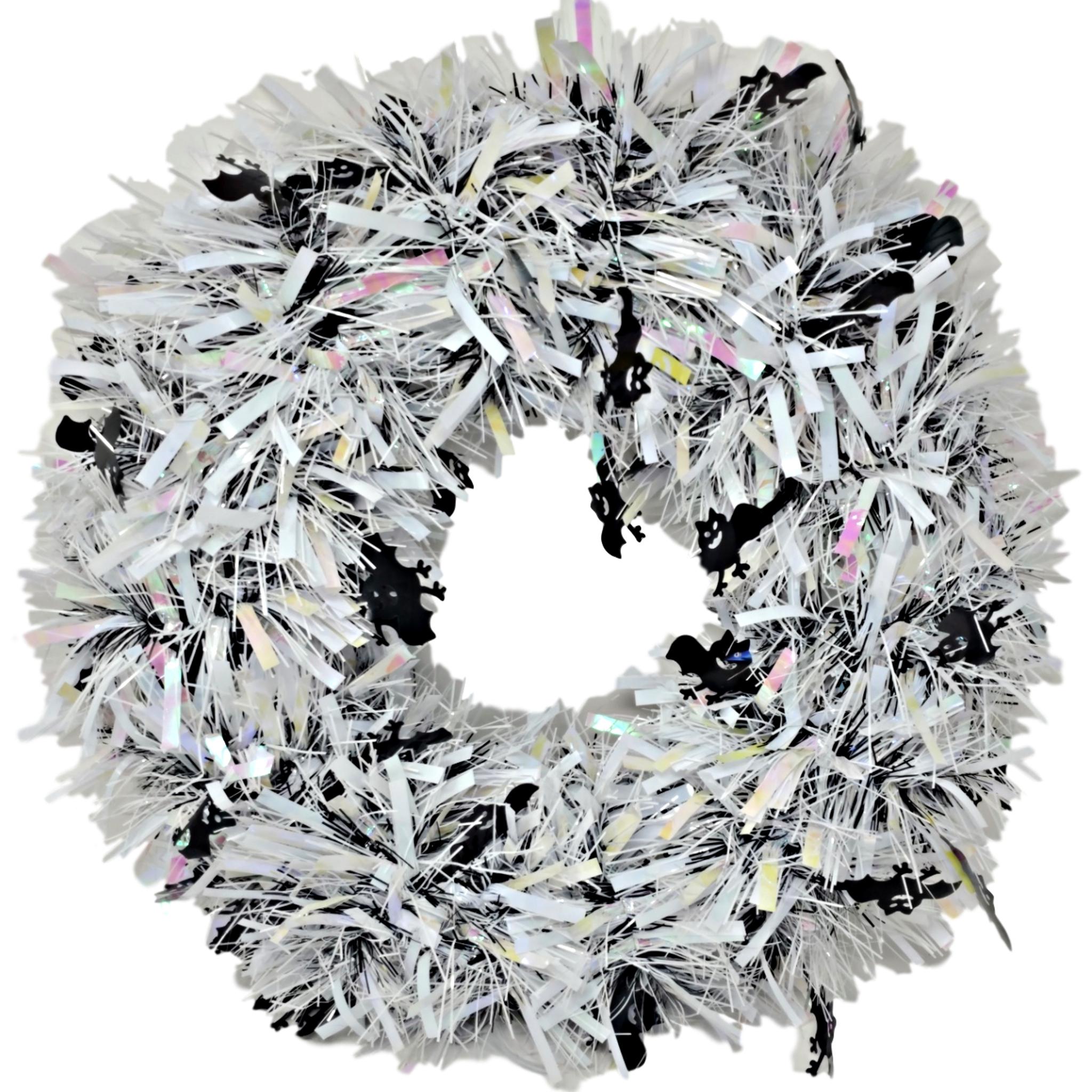 Tinsel Halloween Wreath White with Black Bats